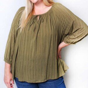 Women's Plus 3/4 Sleeve V Neck Drawstring Ribbed Top Green
